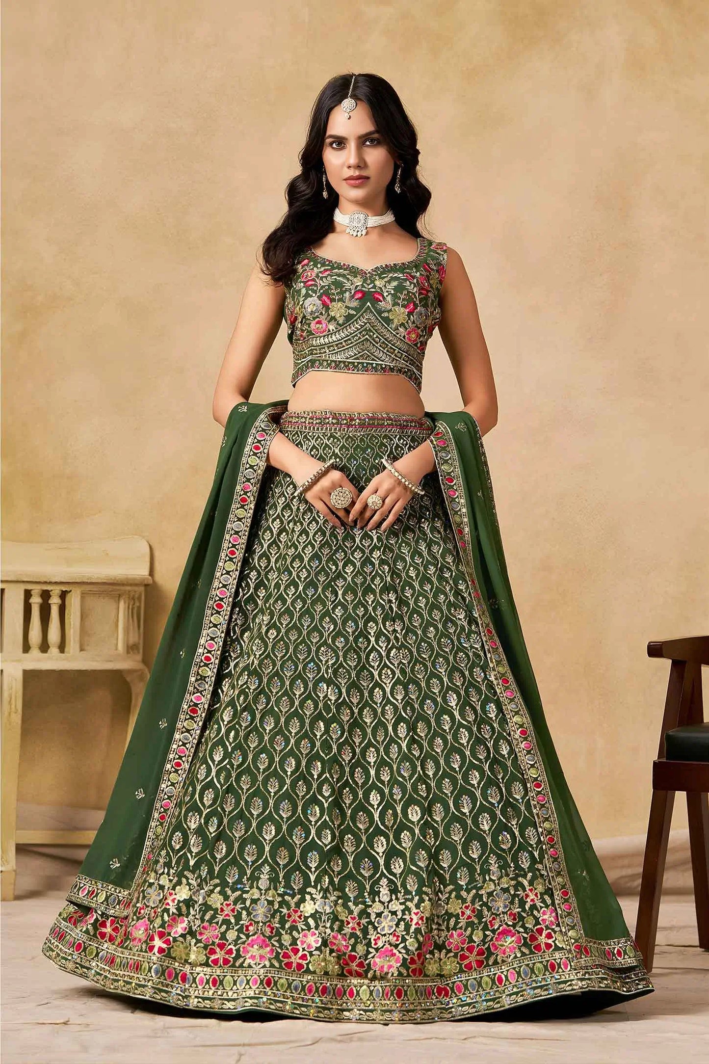 Dark Green Sequins Embroidery Work Lehenga Choli