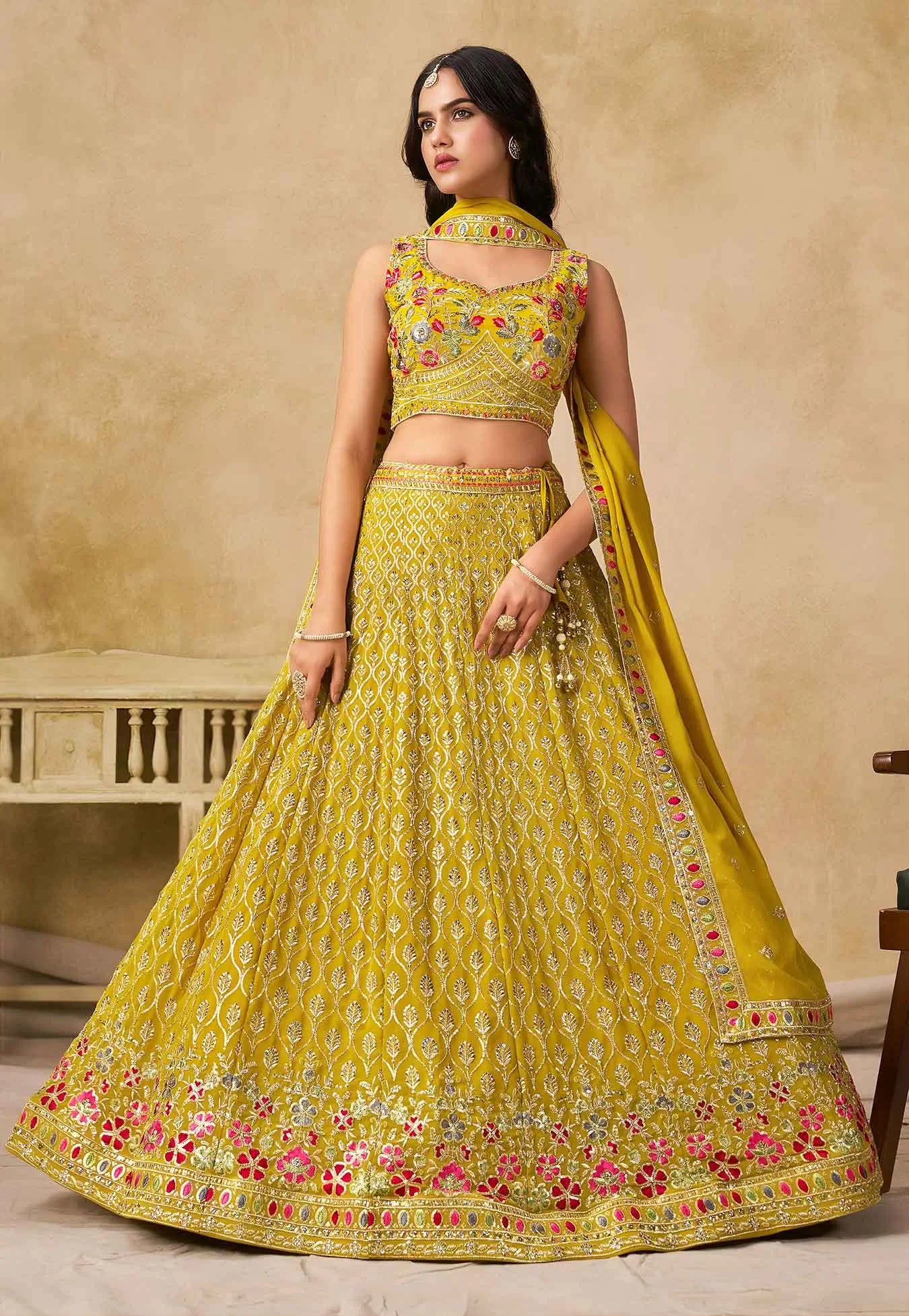Yellow Sequins Embroidery Work Lehenga Choli