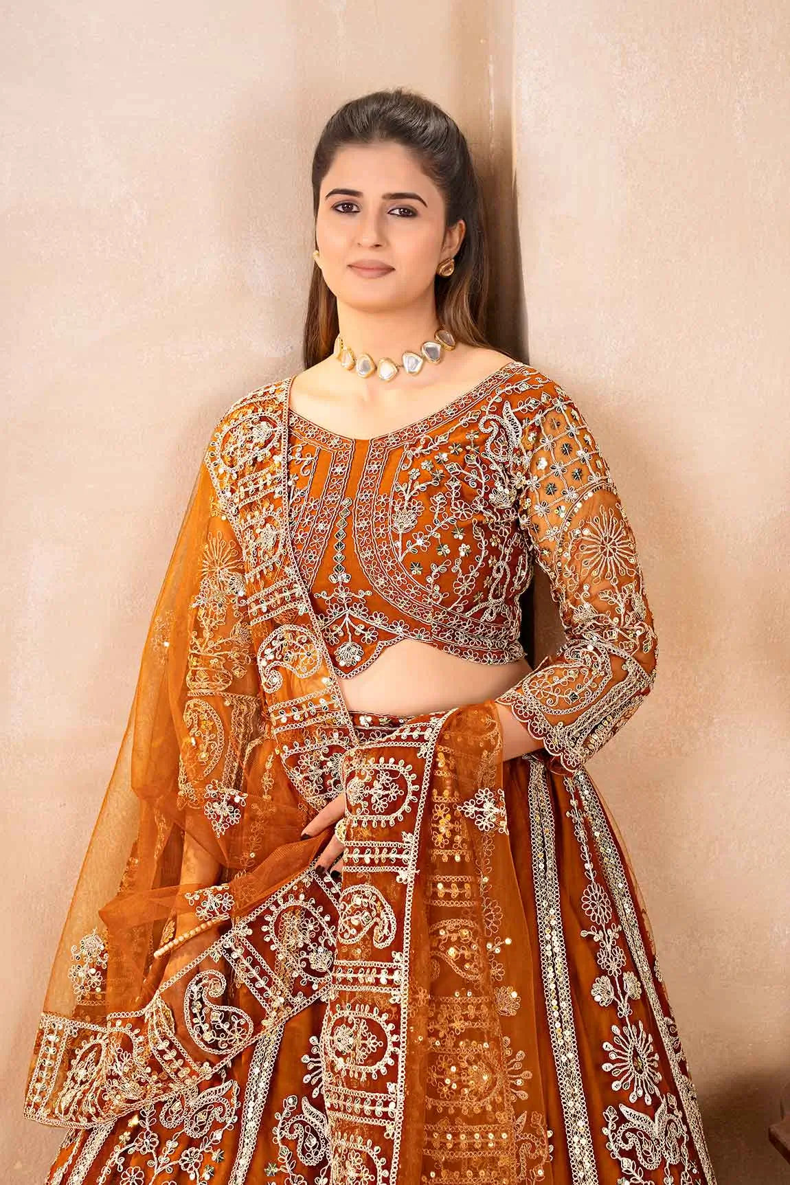 Rust Embroidered Codding Net Lehenga Choli