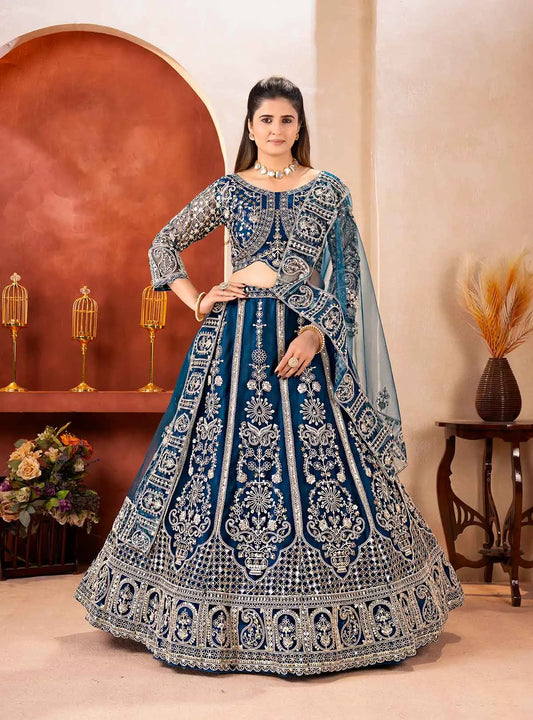 Teal Blue Embroidered Net Lehenga Choli