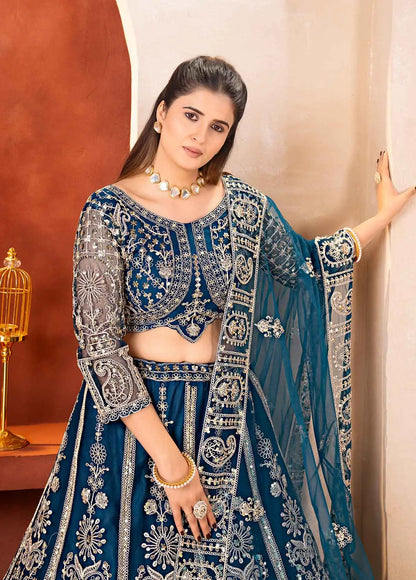 Teal Blue Embroidered Net Lehenga Choli
