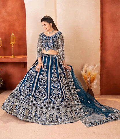 Teal Blue Embroidered Net Lehenga Choli