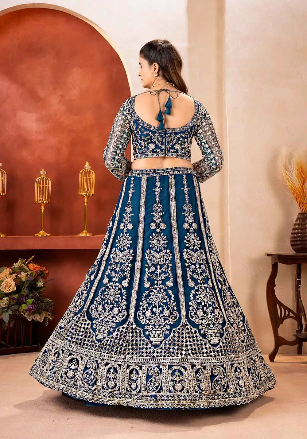 Teal Blue Embroidered Net Lehenga Choli
