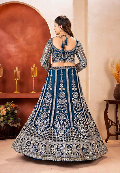 Teal Blue Embroidered Net Lehenga Choli