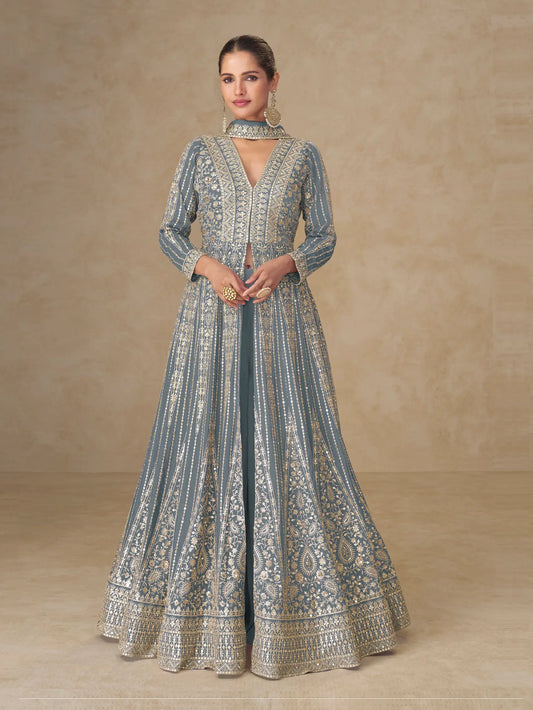 Slate Grey Chinon Embroidery Gown