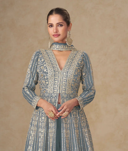 Slate Grey Chinon Embroidery Gown