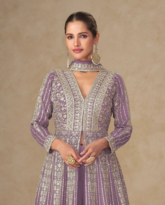 Dusty Purple Chinon Embroidery Gown