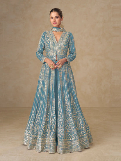 Sky Blue Chinon Embroidery Gown
