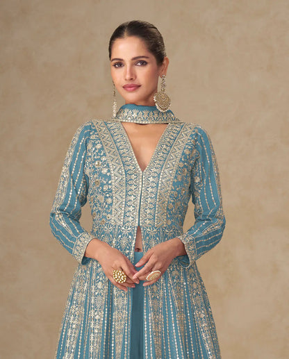 Sky Blue Chinon Embroidery Gown