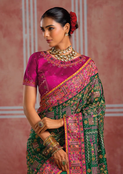 Bottle Green Silk Kacchi Heavy Work Saree
