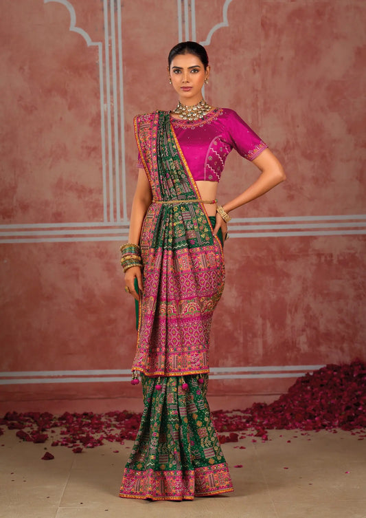 Bottle Green Silk Kacchi Heavy Work Saree