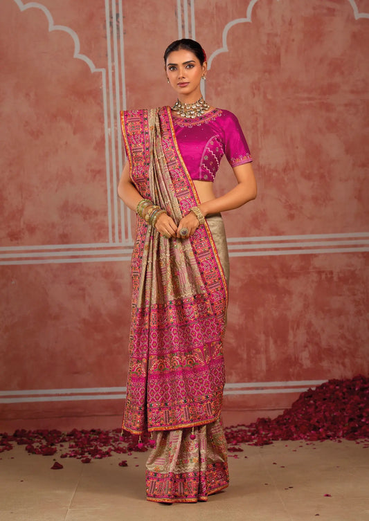 Dusty Beige Silk Kacchi Heavy Work Saree