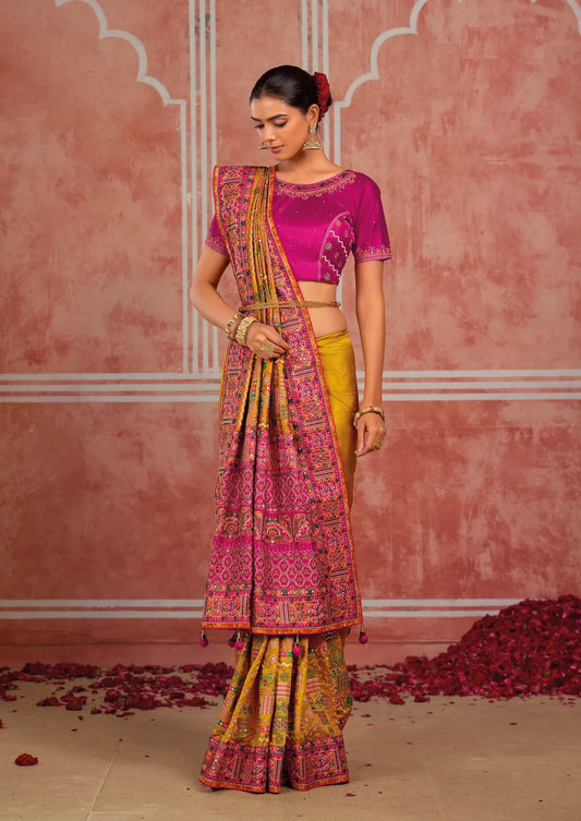 Mustard Yellow Silk Kacchi Heavy Work Saree