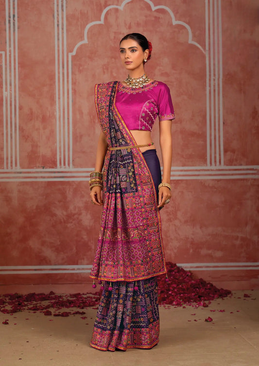 Dark Purple Silk Kacchi Heavy Work Saree
