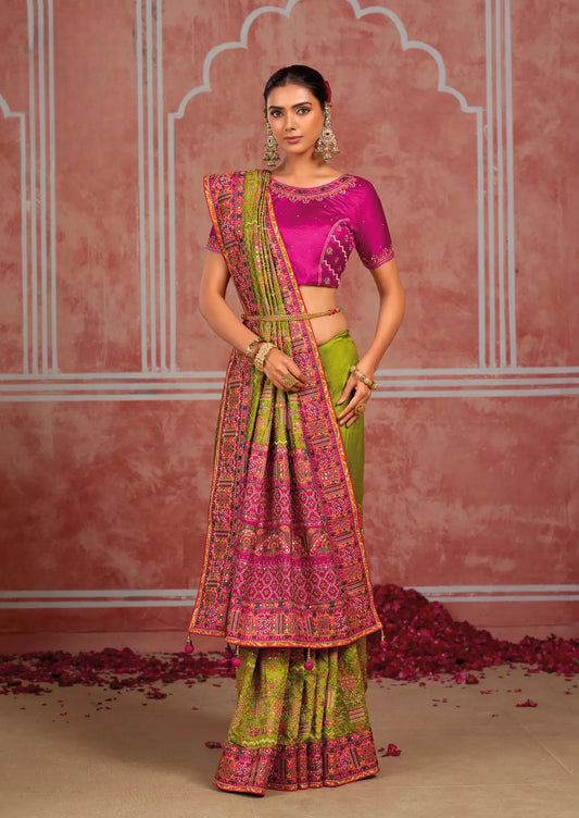 Parrot Green Silk Kacchi Heavy Work Saree