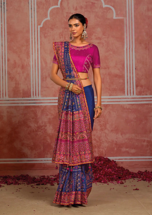 Royal Blue Silk Kacchi Heavy Work Saree