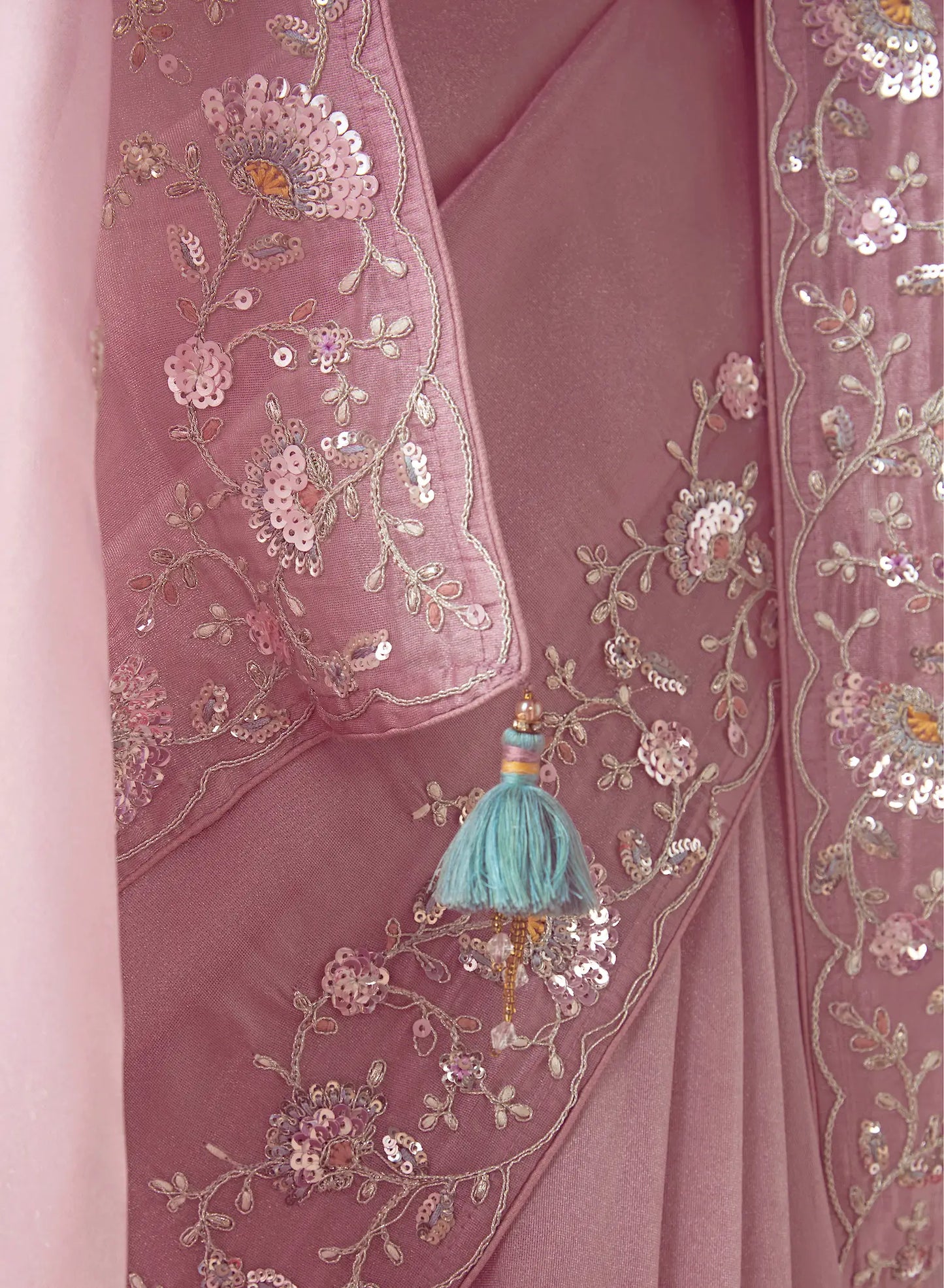 Blossom Pink Party Wear Saree With Embroidery & Hand Work