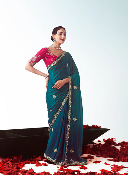 Peacock Blue Party Wear Saree With Embroidery & Hand Work