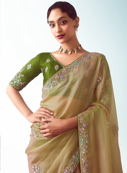 Sand Brown Party Wear Saree With Embroidery & Hand Work