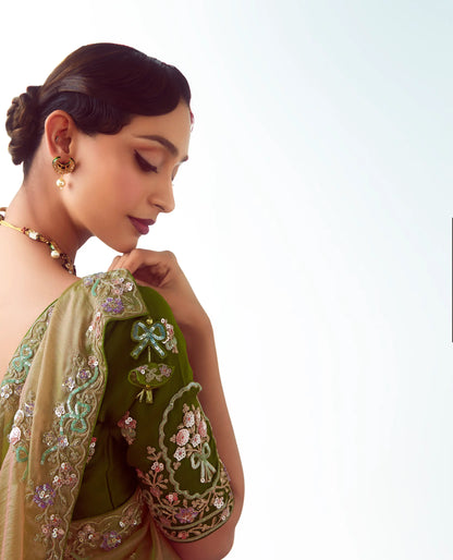 Sand Brown Party Wear Saree With Embroidery & Hand Work