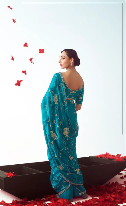 Teal Blue Party Wear Saree With Embroidery & Hand Work