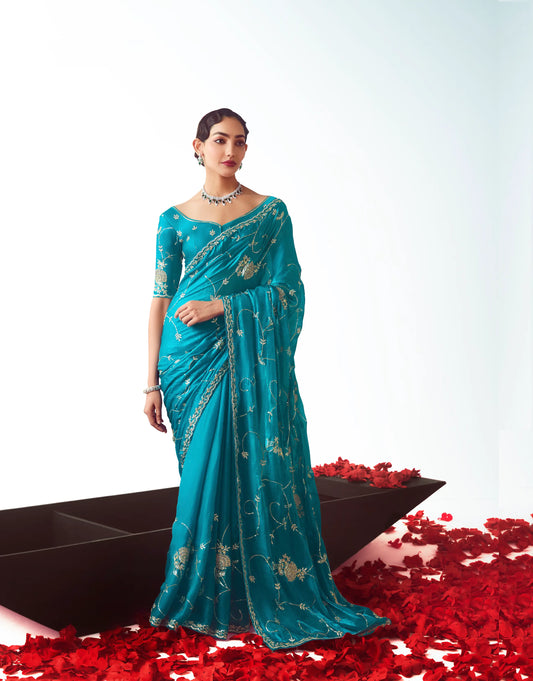 Teal Blue Party Wear Saree With Embroidery & Hand Work