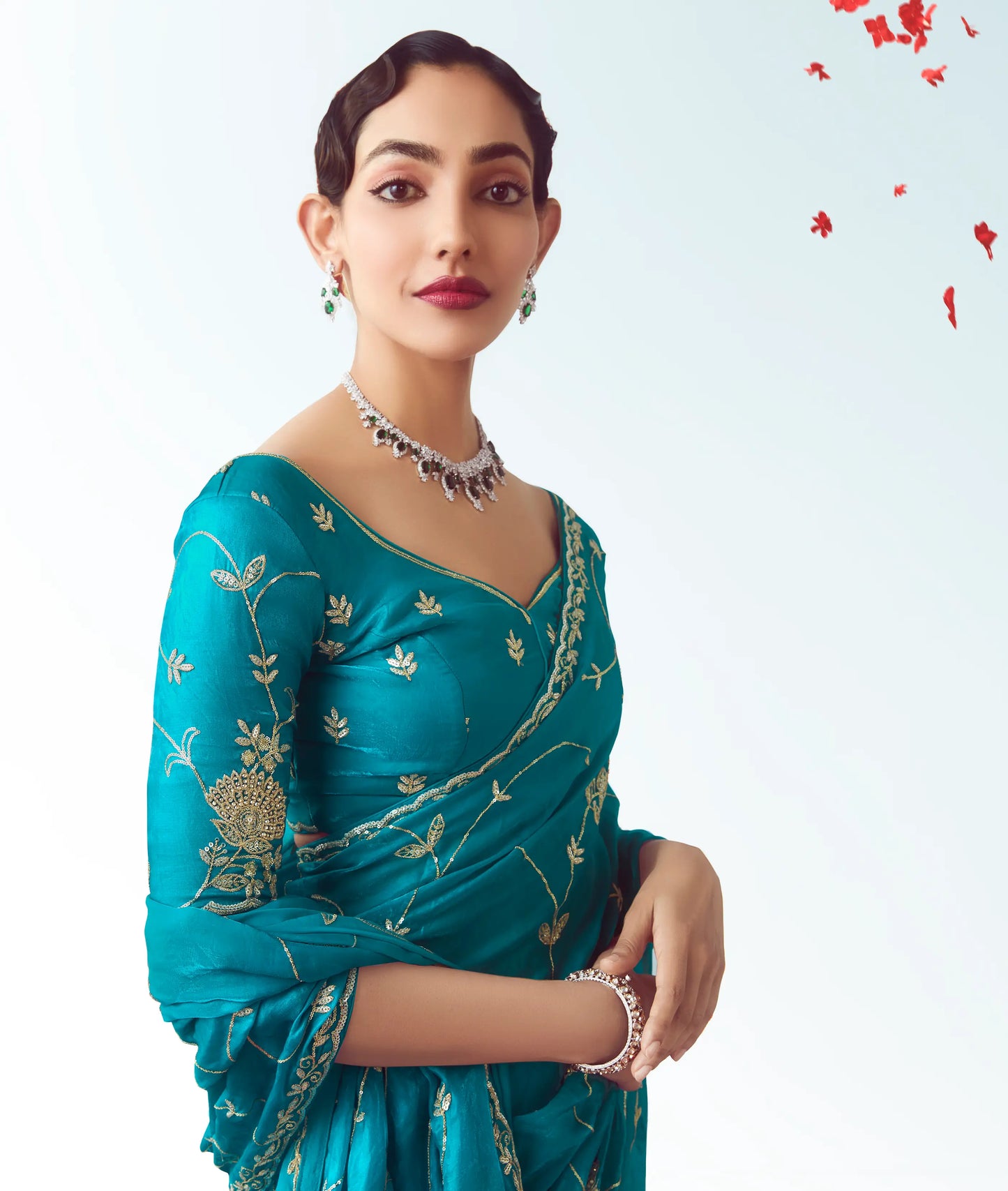 Teal Blue Party Wear Saree With Embroidery & Hand Work