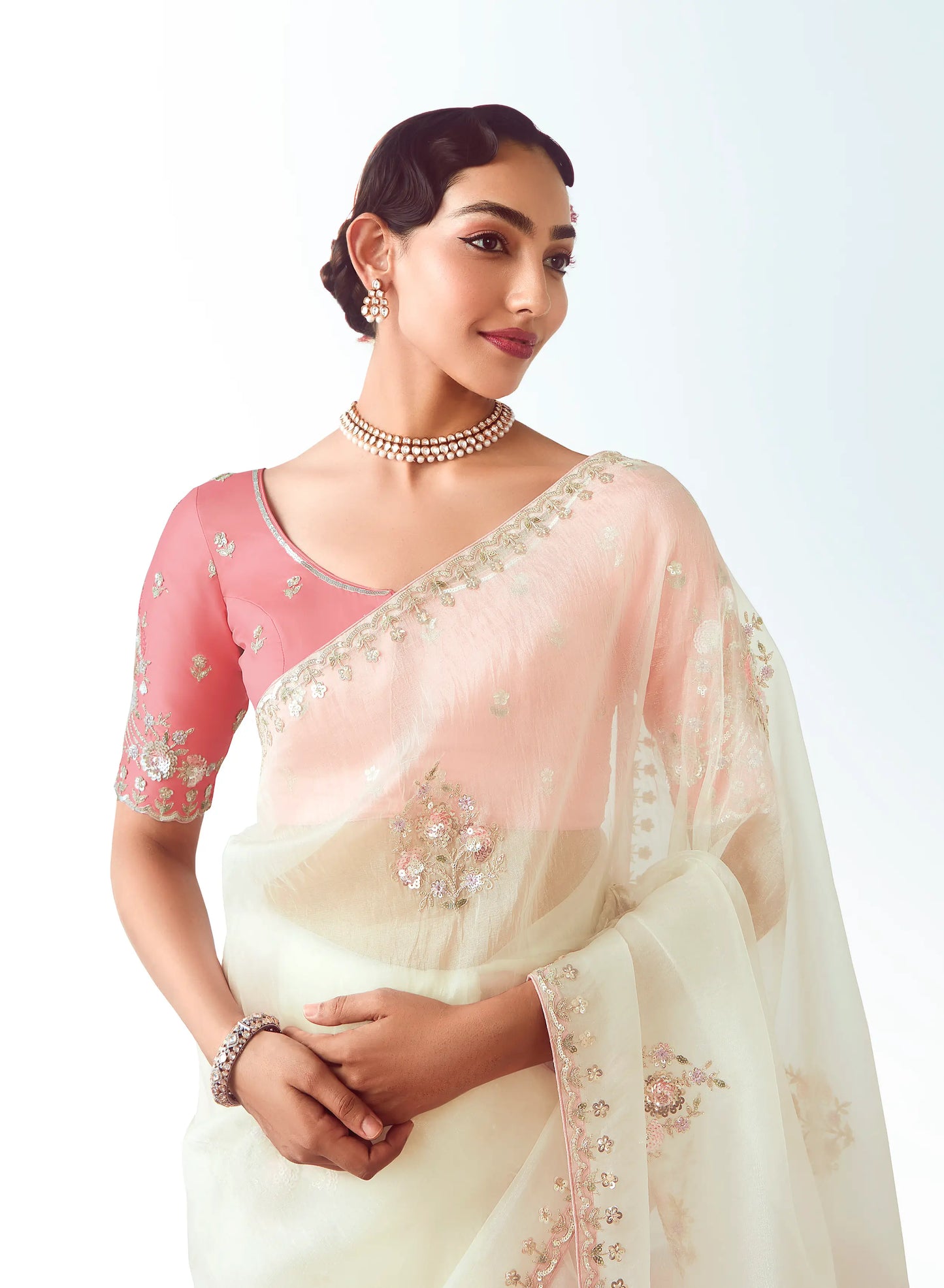 Pearl White Party Wear Saree With Embroidery & Hand Work