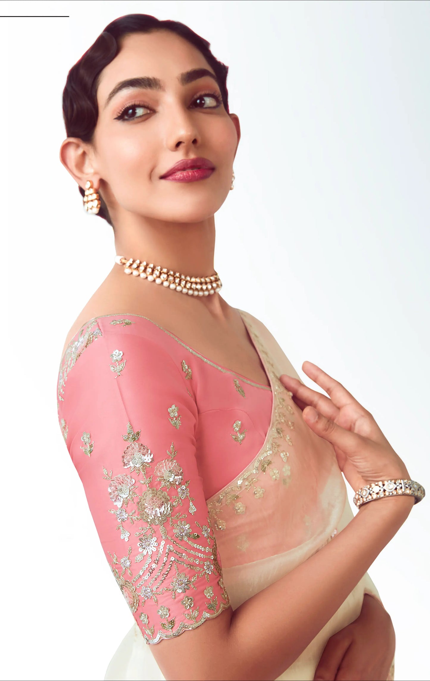 Pearl White Party Wear Saree With Embroidery & Hand Work