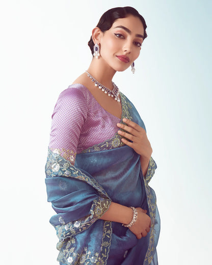 Bluish Grey Party Wear Saree With Embroidery & Hand Work