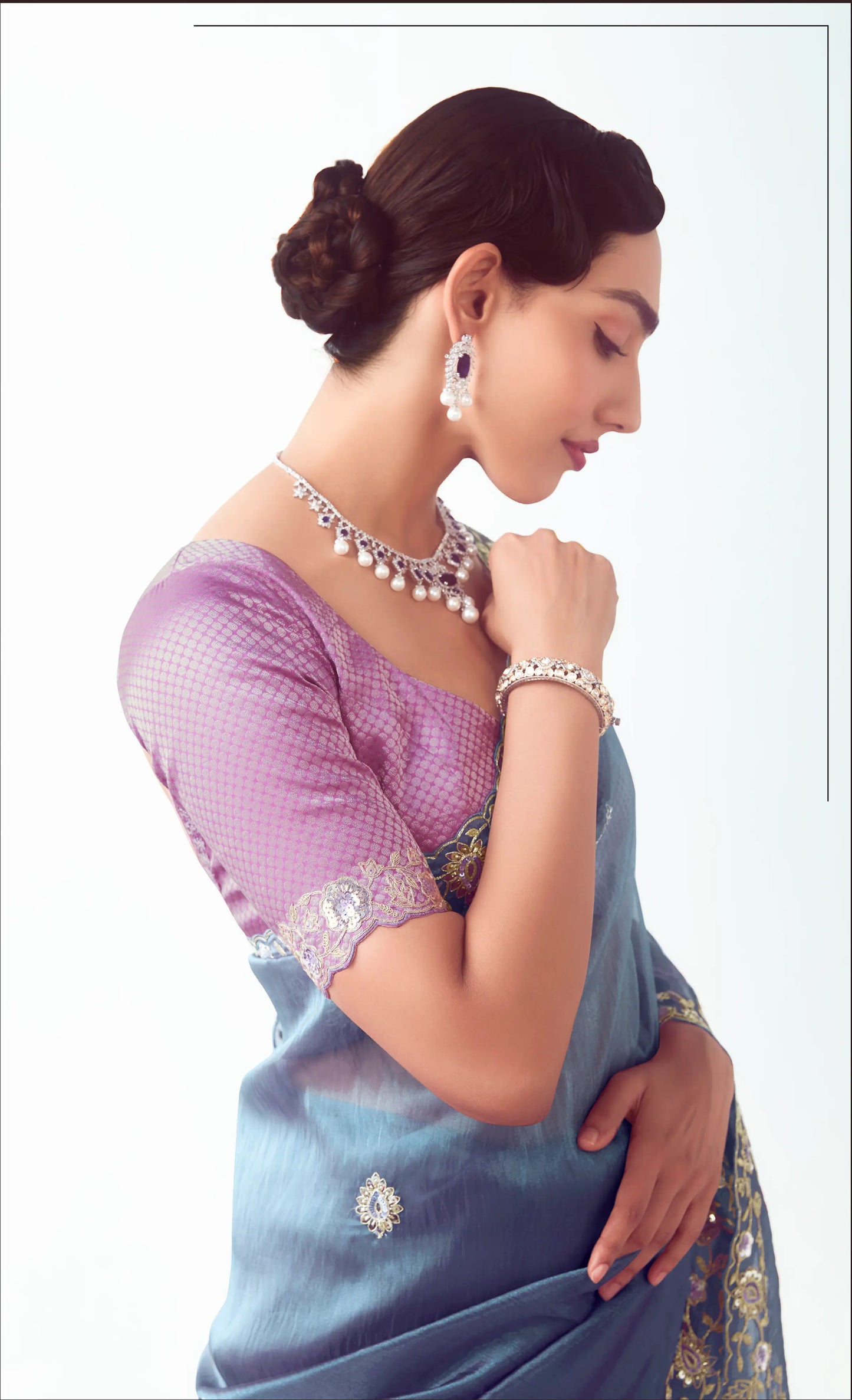 Bluish Grey Party Wear Saree With Embroidery & Hand Work