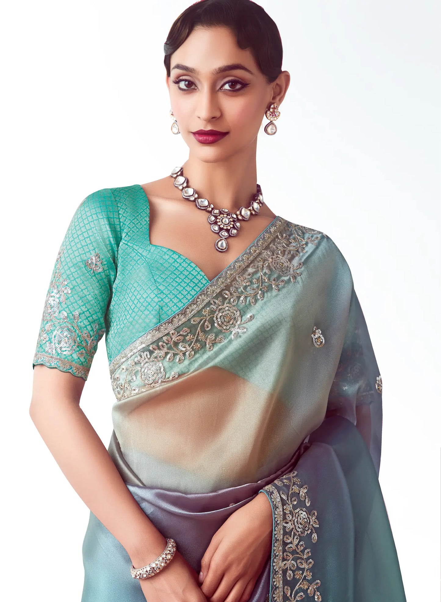 Blue Multicolor Party Wear Saree With Embroidery & Hand Work