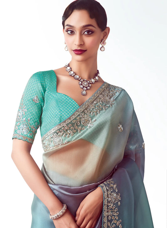 Blue Multicolor Party Wear Saree With Embroidery & Hand Work