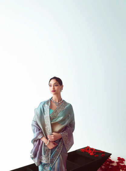 Blue Multicolor Party Wear Saree With Embroidery & Hand Work