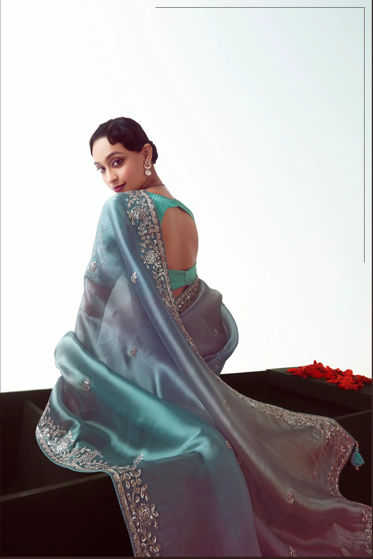 Blue Multicolor Party Wear Saree With Embroidery & Hand Work