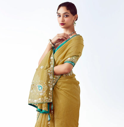 Golden Yellow Party Wear Saree With Embroidery & Hand Work