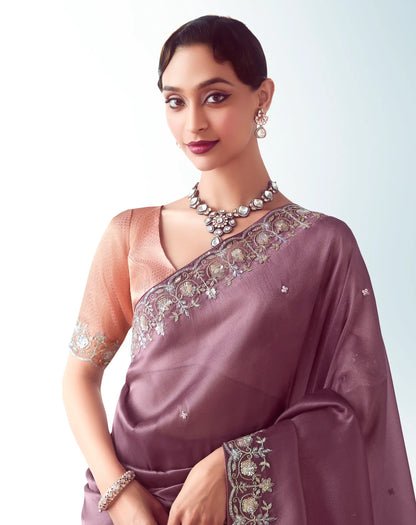 Dark Mauve Party Wear Saree With Embroidery & Hand Work
