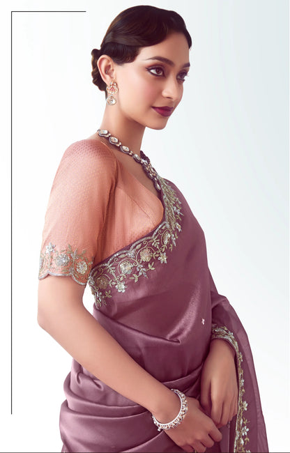 Dark Mauve Party Wear Saree With Embroidery & Hand Work