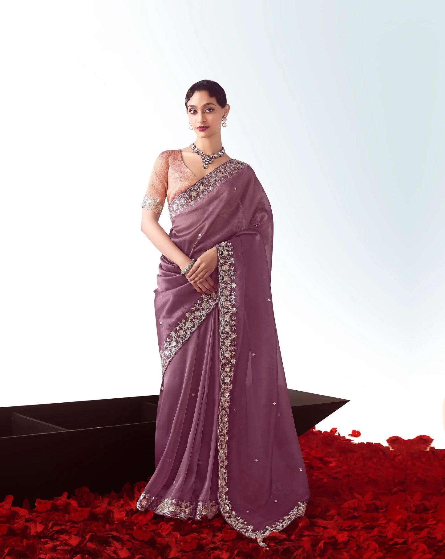 Dark Mauve Party Wear Saree With Embroidery & Hand Work