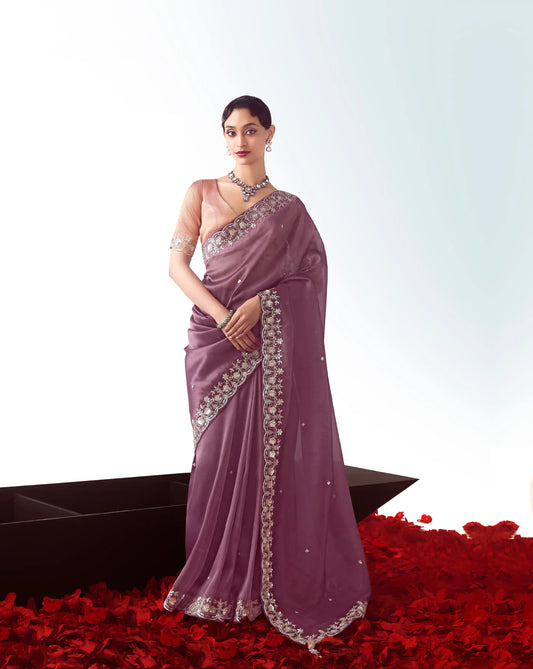 Dark Mauve Party Wear Saree With Embroidery & Hand Work