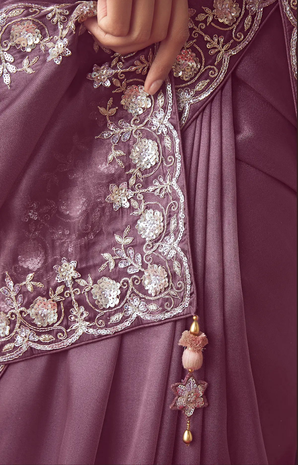Dark Mauve Party Wear Saree With Embroidery & Hand Work