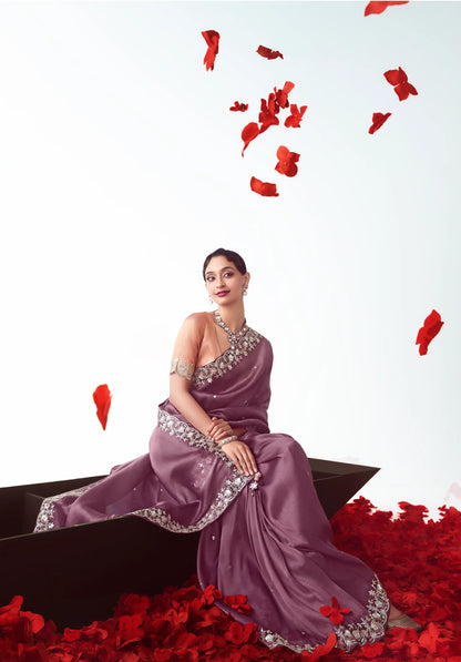 Dark Mauve Party Wear Saree With Embroidery & Hand Work