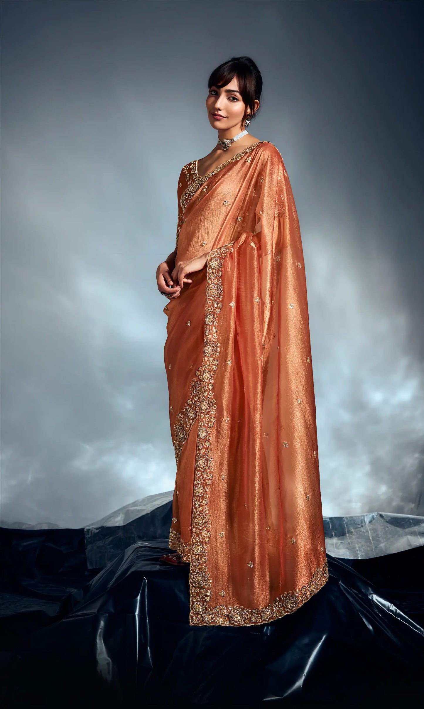 Rust Orange Organza Tissue Khatli Work Saree