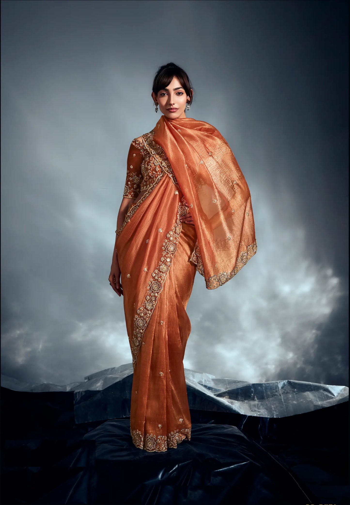 Rust Orange Organza Tissue Khatli Work Saree