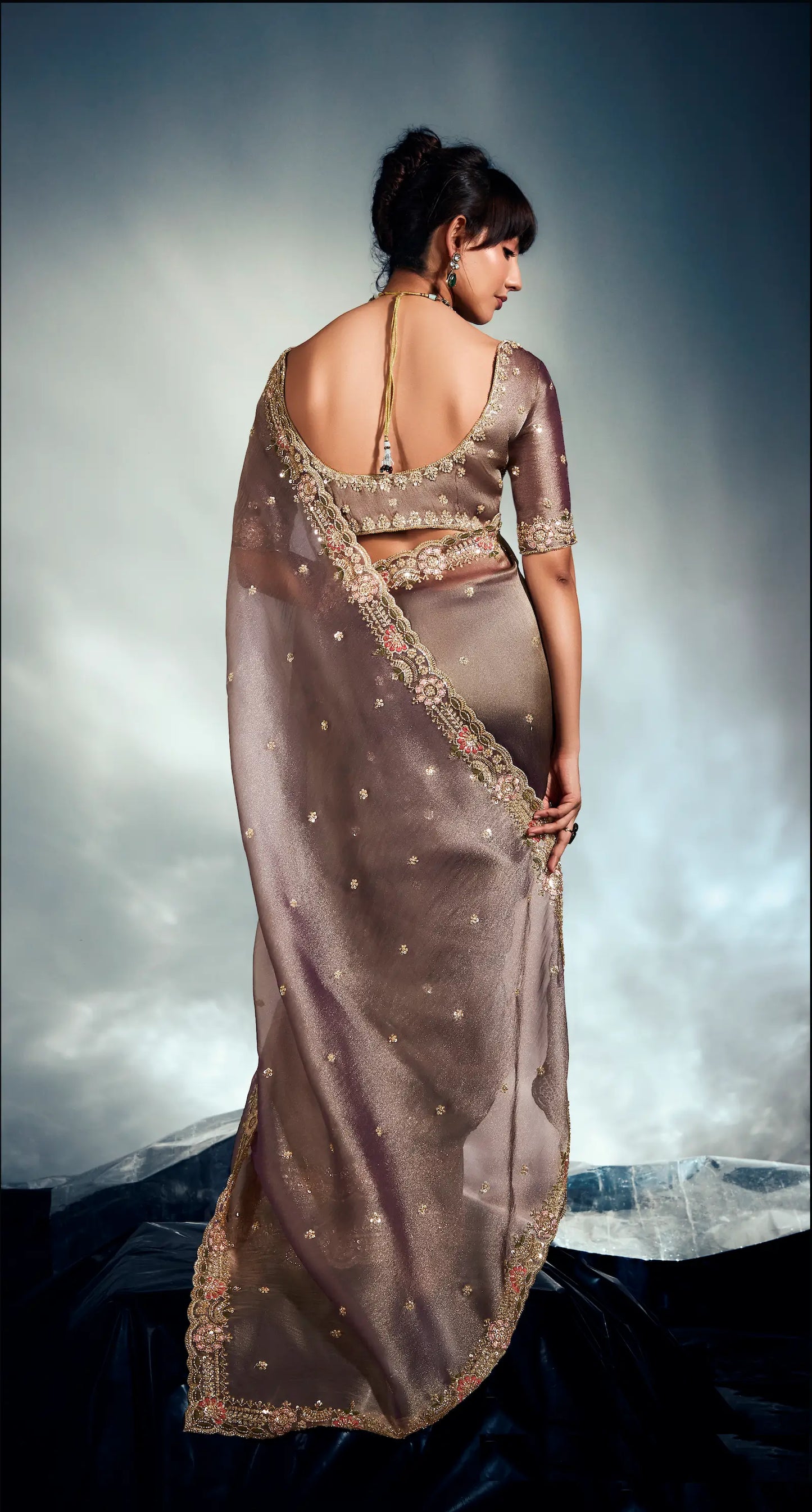 Tobacco Brown Organza Tissue Khatli Work Saree