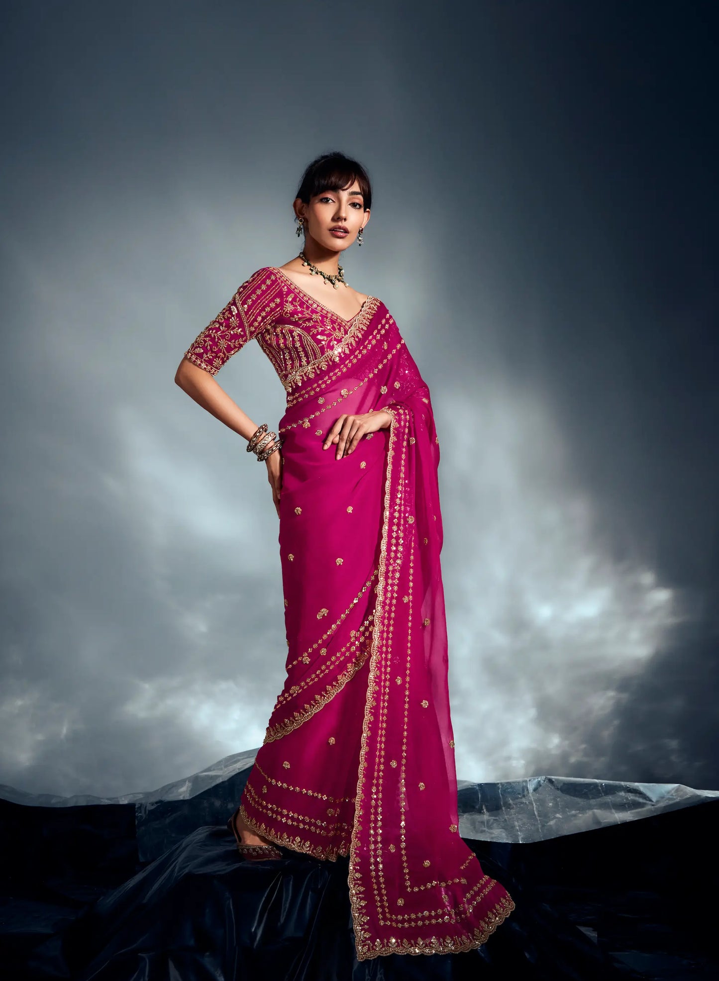 Hot Pink Organza Tissue Khatli Work Saree