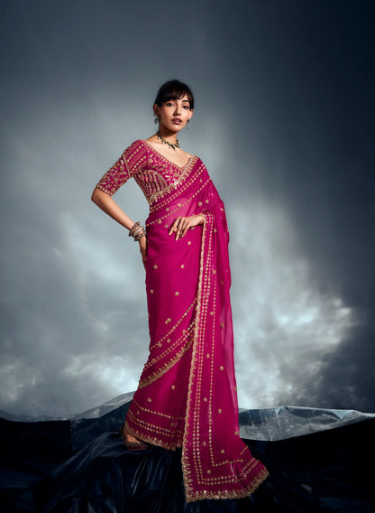 Hot Pink Organza Tissue Khatli Work Saree