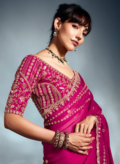 Hot Pink Organza Tissue Khatli Work Saree