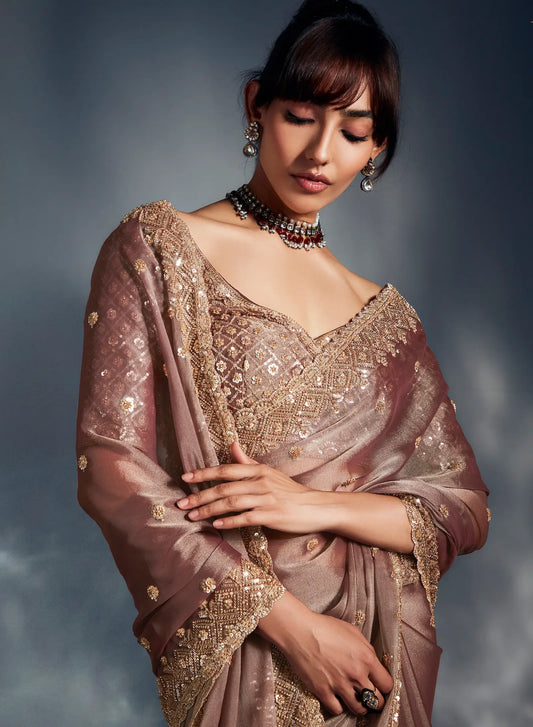 Coffee brown Organza Tissue Khatli Work Saree