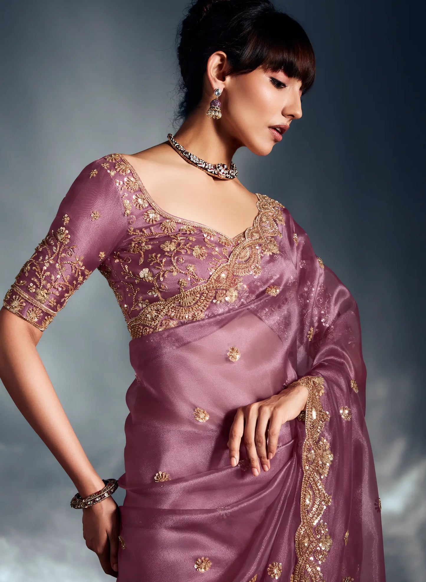 Turkish Rose Organza Tissue Khatli Work Saree